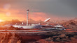 station on Mars surface, first martian colony in desert landscape on the red planet (3d space illustration banner)