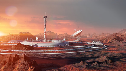 Wall Mural - station on mars surface, first martian colony in desert landscape on the red planet (3d space illust
