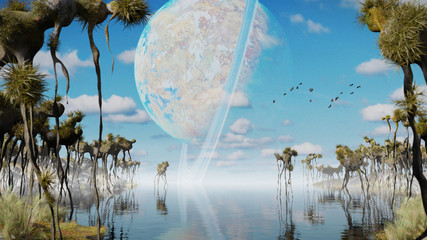 Wall Mural - exoplanet landscape, alien world with strange plants and flying creatures (3d space illustration) 