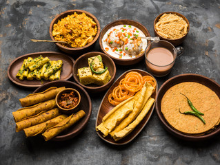 Wall Mural - Group of Gujarati snacks like jalebi-fafda, thepla, khaman dhokla, aloo bhujiya, khandvi,khakra, dahi vada, gathiya with hot tea