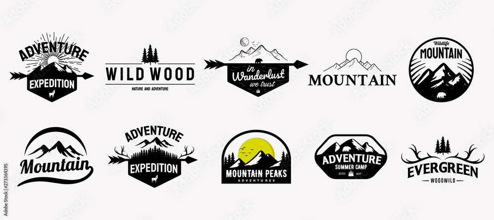 Set of vector mountain and outdoor adventures logo designs, vintage style - obrazy, fototapety, plakaty 
