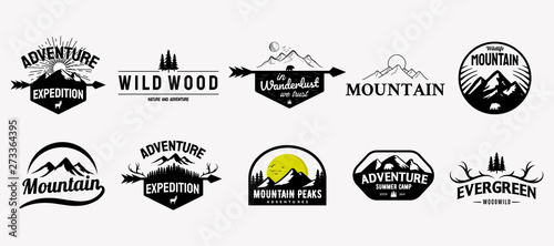 Fotomural Set of vector mountain and outdoor adventures logo designs, vintage style