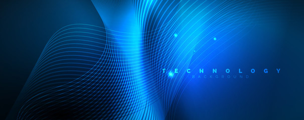 Trendy neon blue abstract design with waves and circles. Neon light glowing effect. Abstract digital background.