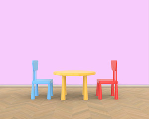 Wall Mural -  The minimalist nursery interior of a children's colored table and chairs on a pink background. 3D render..