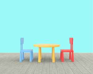 Wall Mural - The minimalist nursery interior of a children's colored table and chairs on a blue background. 3D render..