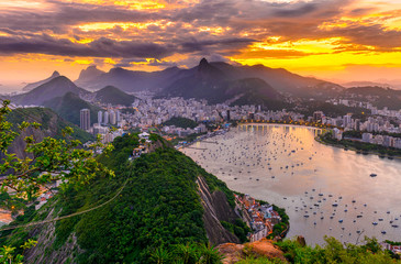 Fototapete - Sunset view of Corcovado, Botafogo and Guanabara bay in Rio de Janeiro. Brazil
