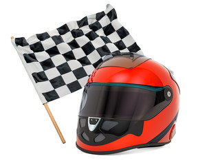 Racing helmet with chequered flag, 3D rendering