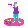 Older woman with sport weights on exercise mat 