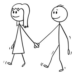 Poster - Vector cartoon stick figure drawing conceptual illustration of girl and boy holding hands and walking together.