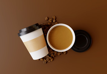 Paper coffee cup with coffee beans on brown background. 3d rendering 