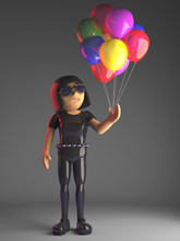 Cool Gothic Girl In Leather Catsuit Has Lots Of Coloured Balloons, 3d Illustration