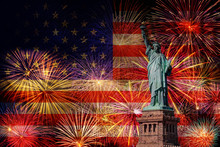 Statue Of Liberty Over The Multicolor Fireworks Celebrate With The United State Of America USA Flag Background, 4th Of July And Independence Day Concept