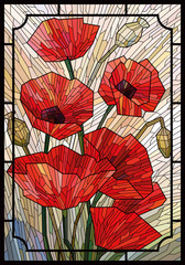 Wall Mural - Stained glass large flowers poppies on a light beige background in a geometric frame. Black lines. Vector full color graphics