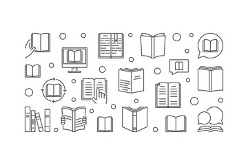 Wall Mural - Books vector learning and education concept horizontal illustration in thin line style