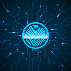 Poster - Cyber Security. Fingerprint Scanning Identification System. Finger Print Scanned on Circuit. Biometric Authorization and Security Concept. Vector illustration