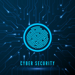Poster - Cyber Security. Fingerprint Scanning Identification System. Finger Print on Circuit. Biometric Authorization and Security Concept. Vector illustration