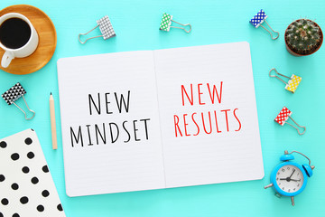 Poster - top view image of table with open notebook and the text new mindset new results. success and personal development concept