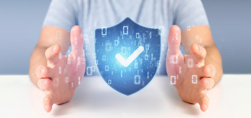 Poster - Man holding a Shield web security concept 3d rendering
