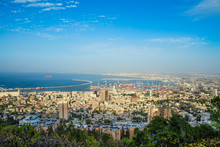 Panoramic View Of The Harbor Port Of Haifa, With Downtown Haifa, The Harbor, The Industrial Zone In A Sunny Summer Day. Haifa, Northern Israel