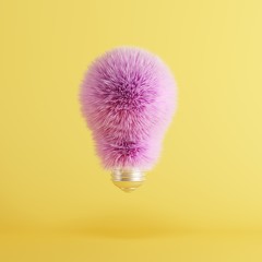 Wall Mural - Pink Fur Light Bulb on floating yellow background. minimal idea creative concept. 3D Render.