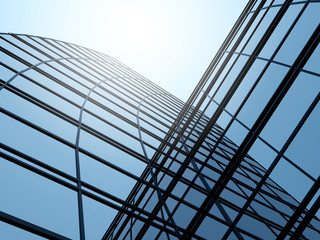 Poster - 3D stimulate of high rise glass building and dark steel window system on blue clear sky background,Business concept of future architecture,lookup to the angle of the corner building.