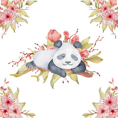 Canvas Print - Watercolor panda bear card illustration with sakura flowers decor Cute animal