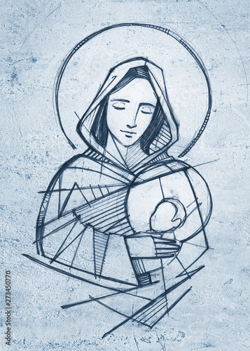 Fotografía Virgin Mary and baby Jesus hand drawn pencil illustration