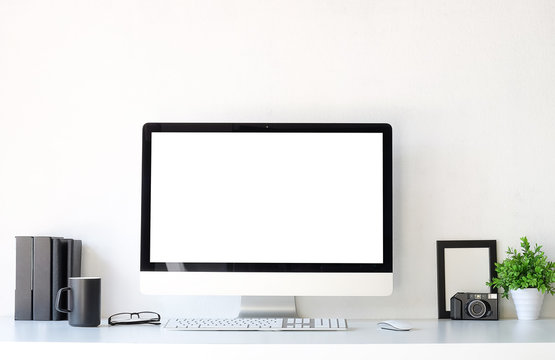 Workspace desk and laptop. copy space and blank screen. Business image, Blank screen laptop and supplies.