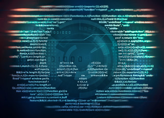 computer virus malware attack. computer code on a screen with a skull symbol