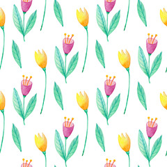 Poster - Pattern with pink and yellow flowers