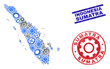 Gear vector Sumatra map collage and seals. Abstract Sumatra map is done of gradient random gears. Engineering territorial scheme in gray and blue colors,
