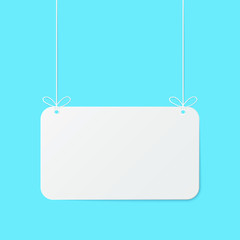Poster - Paper art with mock up empty on blue sky. Copy space. Speech Bubble, White and grey blank hanging. 