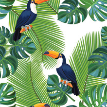 Tropical Pattern With Toucan Birds. Vector Seamless Texture.