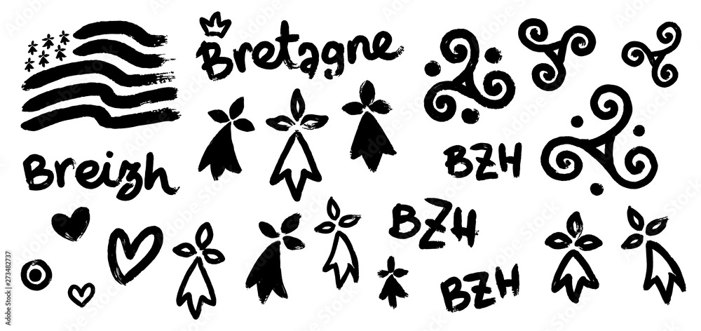 Vector set of breton hand-drawn symbols in grunge style: Gwen-ha-du black and white flag of Brittany , doodle triskels, line-art hermines, Bretagne, Breizh and BZH letterings - obrazy, fototapety, plakaty 