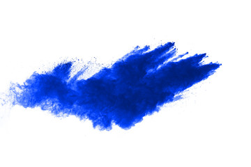 Wall Mural - Blue color powder explosion on white background. Colored cloud. Colorful dust explode. 
