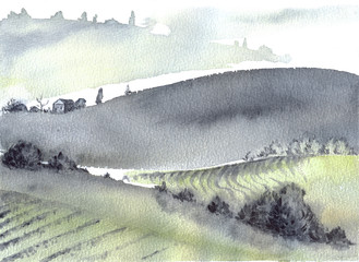 Tuscan farm and distant mountains landscape watercolor painting.