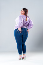 Happy Plus Size Model In Casual Clothes, Fat Woman On Gray Background, Body Positive Concept