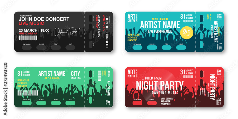 Set of concert tickets template. Concert, party, disco or festival ticket design template with people crowd on background. Entrance to the event - obrazy, fototapety, plakaty 