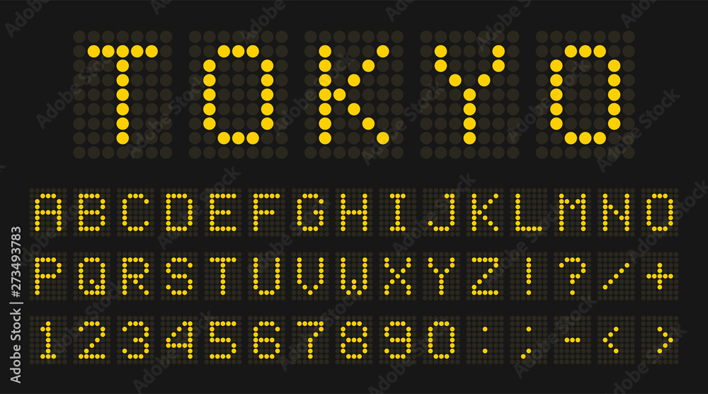 Led digital font, letters and numbers. English alphabet in digital screen style. Led digital board concept for airport, sport matches, billboards and advertising - obrazy, fototapety, plakaty 