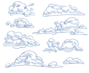 sketch clouds. curled cloudy sky drawing texture, nature weather outline symbols. engraving handmade