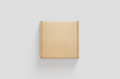© sabir - Cardboard craft Box Mock up with white label isolated on light gray background.Realistic photo.3D rendering