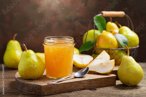 glass jar of pear jam with fresh fruits Poster Mural XXL