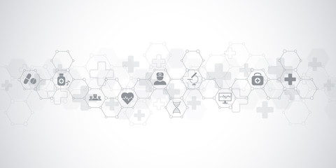 Aufkleber - Abstract medical background with flat icons and symbols. Template design with concept and idea for healthcare technology, innovation medicine, health, science and research.