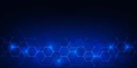 Wall Mural - abstract molecules on dark blue background. molecular structures or chemical engineering, genetic re