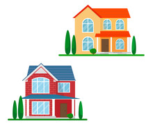 Two Cottages Or Country Houses With A Little Landscaping In Cartoon Flat Style. Vector Isolates On A White Background.