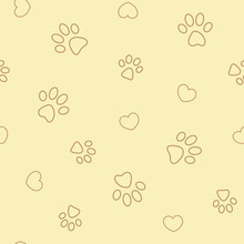 Contoured Paws And Hearts On Beige Background Seamless Pattern.