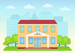 © maradaisy - Kindergarten exterior. Vector. Preschool building front view on landscape background. Facade of education building. Nursery school icon. Cartoon flat illustration. Street architecture.