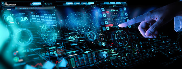 Leinwandbilder - Business hand working with cryptocurrency and Ai conputer interface.