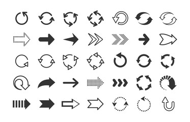 Poster - Black arrows. Circle and line direction symbols, flat pointers cursors and next page signs. Vector up down left right refresh motion arrow set