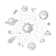 Doodle Solar System. Trendy Hand Drawn Space, Sketch Planet Meteor Comet Astronomy Elements. Vector Lineart Illustrations
